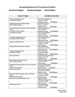 Georgia Department of Corrections Facilities Southwest Region Southeast Region North Region