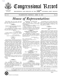 Congressional Record United States Th of America PROCEEDINGS and DEBATES of the 109 CONGRESS, FIRST SESSION