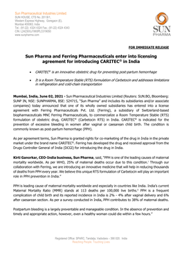 Sun Pharma and Ferring Pharmaceuticals Enter Into Licensing Agreement for Introducing CARITEC® in India