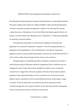BERLIN PAPER: Kant, Pragmatism and Epistemic Constructivism The