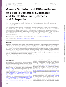 Genetic Variation and Differentiation of Bison (Bison Bison) Subspecies and Cattle (Bos Taurus) Breeds and Subspecies