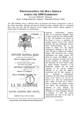 PHOTOGRAPHING the HOLY SHROUD DURING the 1898 EXHIBITION by Luigi FOSSATI - Historian (From “Collegamento Pro Sindone”- September/October 1994)