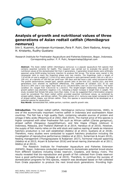 Analysis of Growth and Nutritional Values of Three Generations of Asian Redtail Catfish (Hemibagrus Nemurus) Irin I