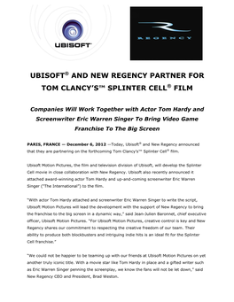 Ubisoft® and New Regency Partner for Tom Clancy's