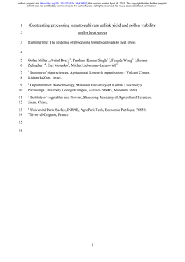 Contrasting Processing Tomato Cultivars Unlink Yield and Pollen Viability 2 Under Heat Stress
