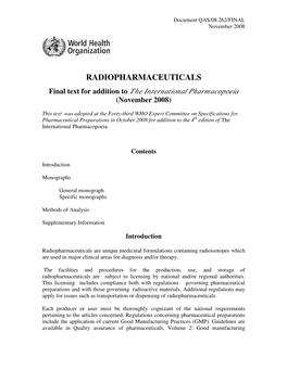 RADIOPHARMACEUTICALS Final Text for Addition to the International Pharmacopoeia (November 2008)