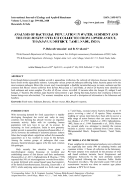 Analysis of Bacterial Population in Water, Sediment and the Fish Mystus Vittatus Collected from Lower Anicut, Thanjavur District, Tamil Nadu, India