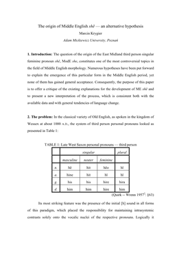 The Origin of Middle English Shē — an Alternative Hypothesis Marcin Krygier Adam Mickiewicz University, Poznań