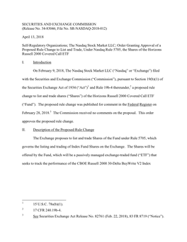 Order Granting Approval of a Proposed Rule Change to List and Trade, Under Nasdaq Rule 5705, the Shares of the Horizons Russell 2000 Covered Call ETF