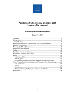 Azerbaijan Parliamentary Elections 2005 Lessons Not Learned