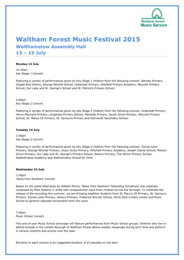 Waltham Forest Music Festival 2015 Walthamstow Assembly Hall 13 – 15 July