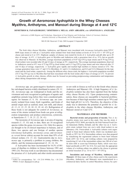 Growth of &lt;I&gt;Aeromonas Hydrophila&lt;/I&gt; in the Whey Cheeses Myzithra, Anthotyros, and Manouri During Storage at 4