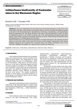 Ichthyofauna Biodiversity of Freshwater Lakes in the Murmansk Region