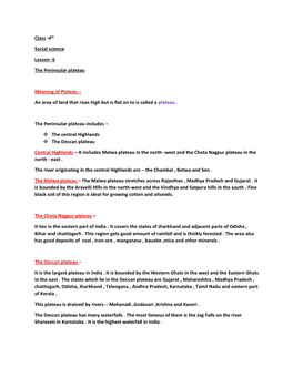 Class -4Th Social Science Lesson- 6 the Peninsular Plateau Meaning Of