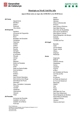 Llistat De Municipis on S'activa El Nivell 3 Del Pla Alfa