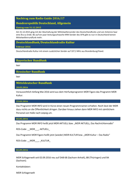 Nachtrag Zum Radio Guide 2016/17 Bundesrepublik Deutschland