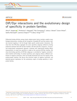 DIP/Dpr Interactions and the Evolutionary Design of Specificity In