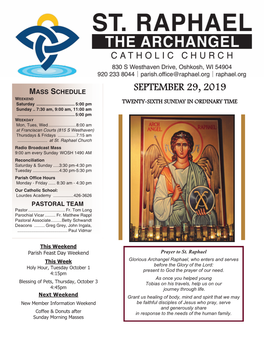 SEPTEMBER 29, 2019 MASS SCHEDULE WEEKEND Saturday