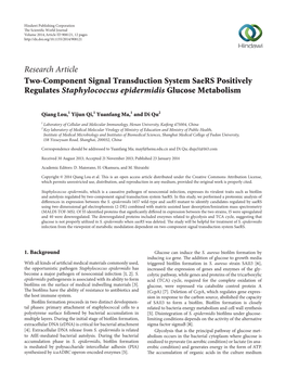 Two-Component Signal Transduction System Saers Positively Regulates Staphylococcus Epidermidis Glucose Metabolism