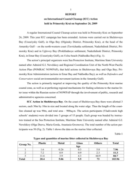 1 REPORT on International Coastal Cleanup (ICC) Action Held in Primorsky Krai on September 26, 2009