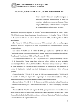 Deliberação CIB SUS/MG Nº 2.262, De 29 De Dezembro De 2015