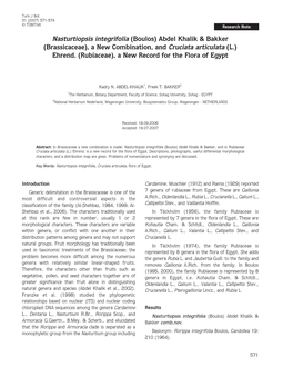 Nasturtiopsis Integrifolia (Boulos) Abdel Khalik & Bakker (Brassicaceae), a New Combination, and Cruciata Articulata (L.) Ehrend