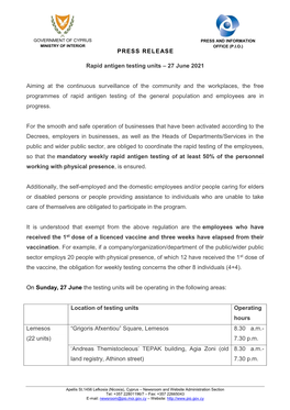 PRESS RELEASE Rapid Antigen Testing Units – 27 June 2021 Aiming