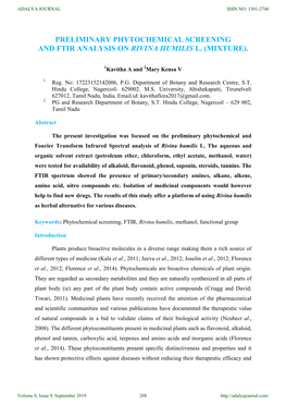 Preliminary Phytochemical Screening and Ftir Analysis on Rivina Humilis L