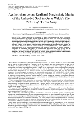 Aestheticism Versus Realism? Narcissistic Mania of the Unheeded Soul in Oscar Wilde's the Picture of Dorian Gray