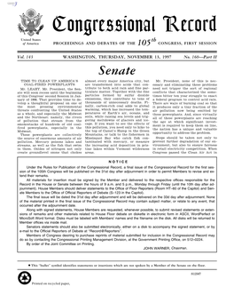 Congressional Record United States Th of America PROCEEDINGS and DEBATES of the 105 CONGRESS, FIRST SESSION