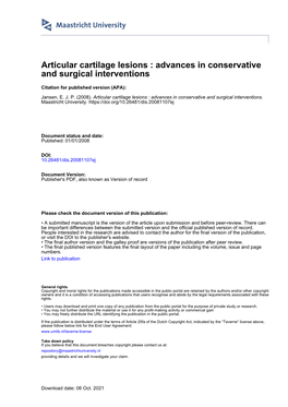 Articular Cartilage Lesions : Advances in Conservative and Surgical Interventions