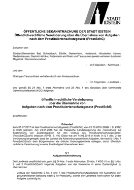 ÖFFENTLICHE BEKANNTMACHUNG DER STADT IDSTEIN Öffentlich-Rechtliche Vereinbarung Über Die Übernahme Von Aufgaben Nach Dem Prostituiertenschutzgesetz (Prostschg)