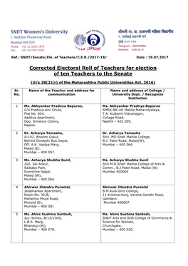 Corrected Electoral Roll of Teachers for Election of Ten Teachers to the Senate