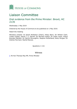 Oral Evidence from the Prime Minister: Brexit, HC 2135
