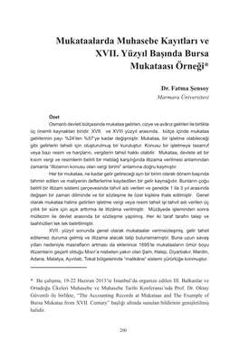 Mukataalarda Muhasebe Kayıtları Ve XVII. Yüzyıl Başında Bursa