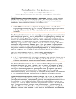 Planetary Boundaries – Some Questions and Answers