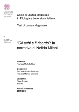 “Gli Echi E Il Ricordo”: La Narrativa Di Nelida Milani