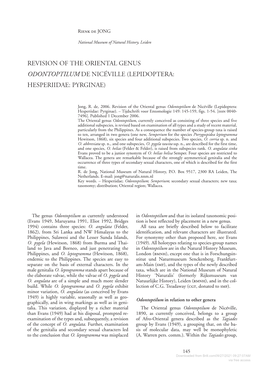 Revision of the Oriental Genus Odontoptilum De Nicéville (Lepidoptera: Hesperiidae: Pyrginae)