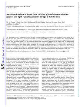 Anti-Diabetic Effects of Lemon Balm ( Melissa Officinalis) Essential Oil On