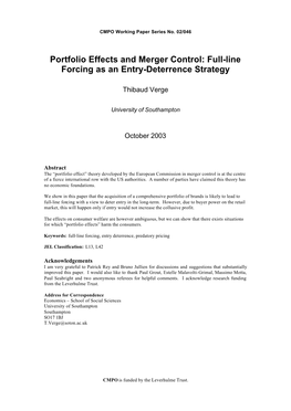 Portfolio Effects and Merger Control: Full-Line Forcing As an Entry-Deterrence Strategy