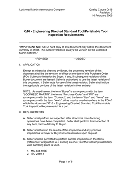 Q16 - Engineering Directed Standard Tool/Perishable Tool Inspection Requirements