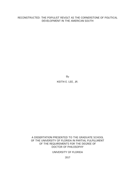 Reconstructed: the Populist Revolt As the Cornerstone of Political Development in the American South