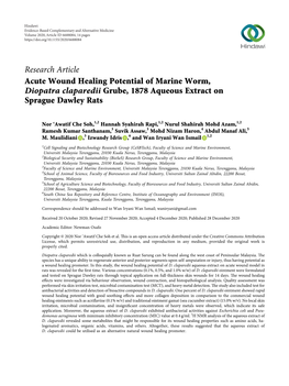 Acute Wound Healing Potential of Marine Worm, Diopatra Claparedii Grube, 1878 Aqueous Extract on Sprague Dawley Rats