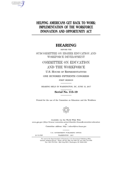 Implementation of the Workforce Innovation and Opportunity Act Hearing Committee on Educatio