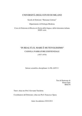 In Realtà Il Mare È Mutevolissimo” Cassola Narratore Esistenziale (1937-1970)