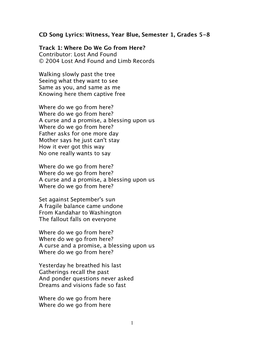 CD Song Lyrics: Witness, Year Blue, Semester 1, Grades 5-8