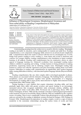 Influence of Phonological Awareness, Morphological Awareness and Non-Verbal Ability on Reading Comprehension in Malayalam Abdul Gafoor, K* & Remia, K