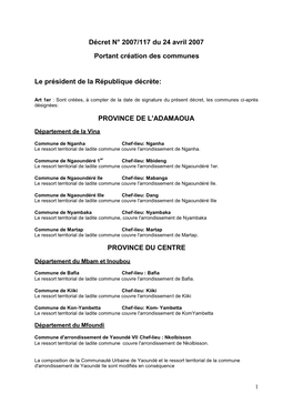 Décret N° 2007/117 Du 24 Avril 2007 Portant Création Des Communes Le