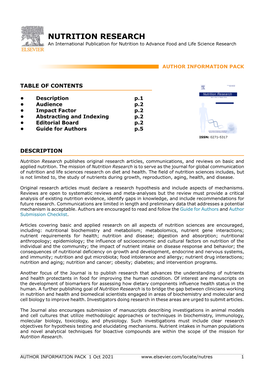 NUTRITION RESEARCH an International Publication for Nutrition to Advance Food and Life Science Research