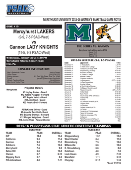 Mercyhurst LAKERS Vs Gannon LADY KNIGHTS